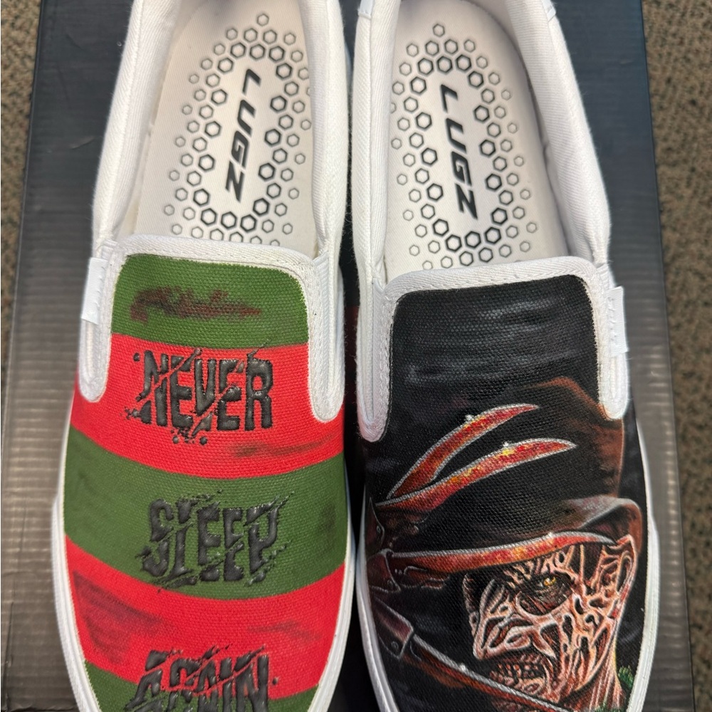 Lugz Men’s slip ons- Hand painted with Freddy Krueger images - Halloween !!